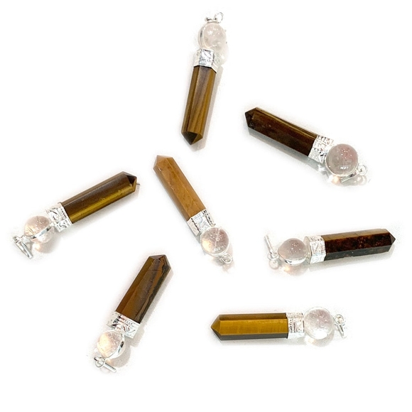 1 Pencil Pendant Tiger's Eye & Crystal Quartz - Picture 1 of 4